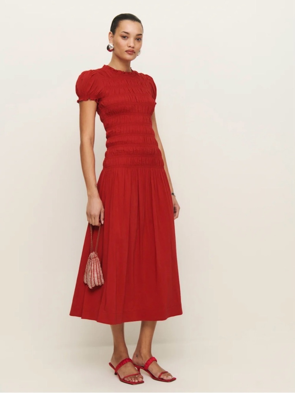 Reformation Kiara Red Smocked Midi Dress - Women's Elegant Day-to-Evening Dress